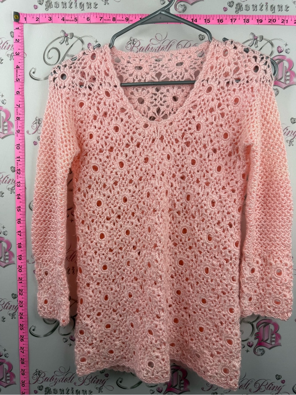 Knit sweater pink peach Crochet V-Neck Openwork Sweater - Pink